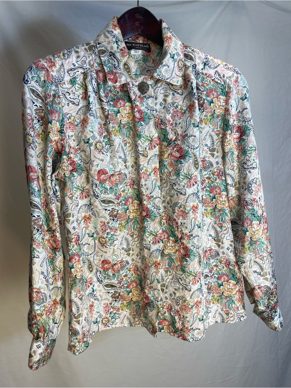 Size M 90's Floral Silk-Look Long Sleeve Blouse with Shoulder Pads